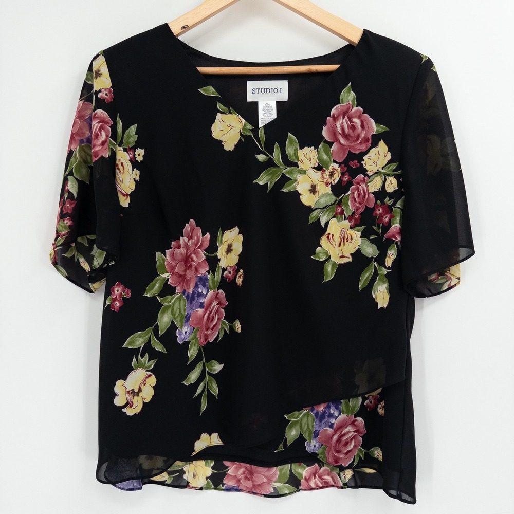 Y2K Floral Blouse Womens‎ 16W Black V-Neck Layered Chiffon Feminine